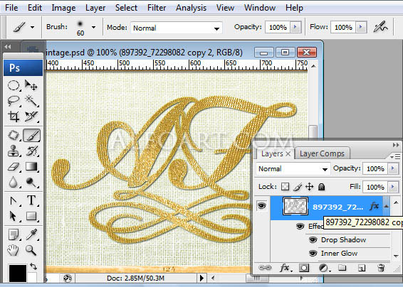 Vintage style monogram in the antique golden frame. Gold, tevture, wallpaper, vintage style, classic monogram.